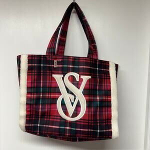 Victorias Secret Large Red Black Plaid Tote Bag Sherpa Trim Big VS Logo NEW